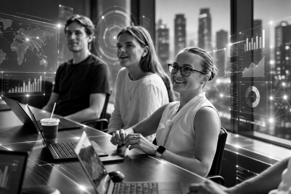 Futuristic Grayscale Boardroom Meeting Futuristic Grayscale Boardroom Meeting